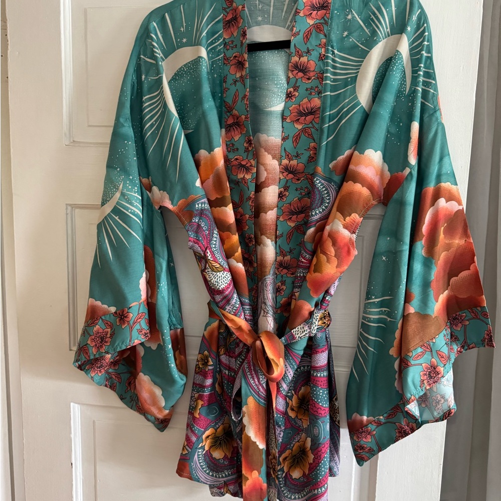 Floral Kimono Robe in Teal and Orange crescent moon astrology witch